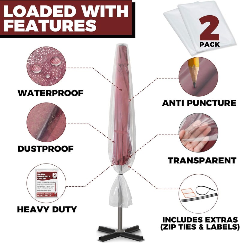 Storage Standard 2-Pack Patio Umbrella Cover Bags - Clear Outdoor Patio Umbrella Covers Waterproof, Reusable Heavy-Duty 4-Mil Plastic – Includes Zip Ties & Labels, Bag Fits 5 to 11-Foot Diameter Umbrellas - Image 3